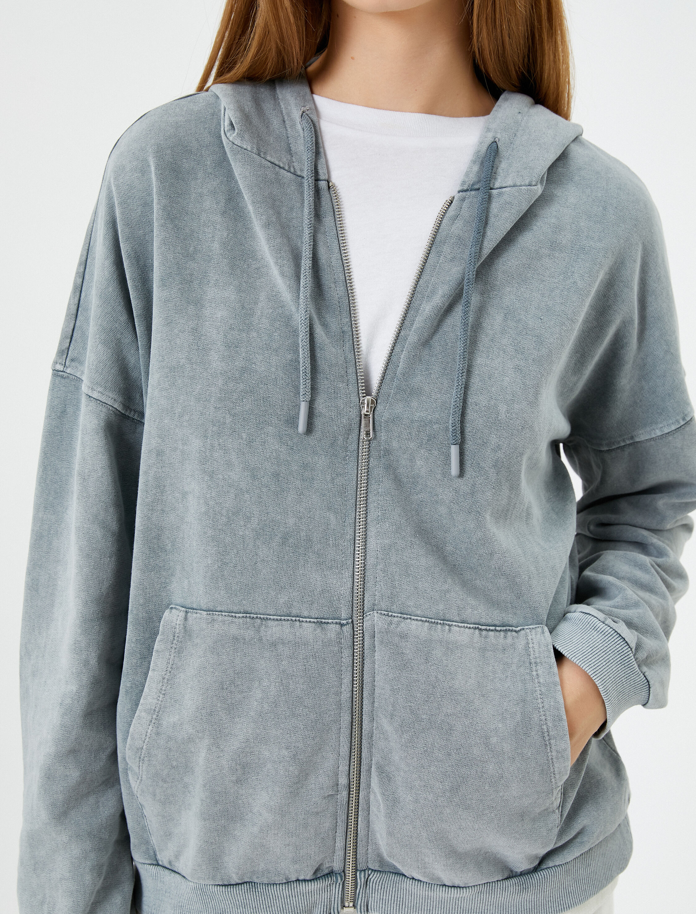   Kapşonlu Fermuarlı Sweatshirt Soluk Efektli Şardonlu Pamuklu