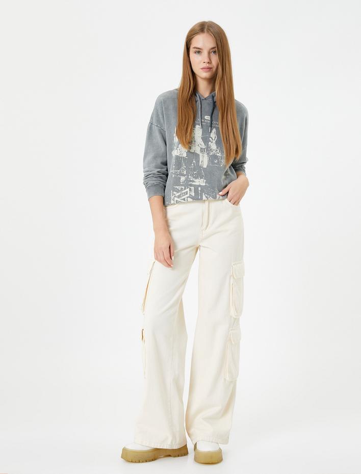  Kapşonlu Sweatshirt Soluk Efektli Baskılı Şardonlu Pamuklu