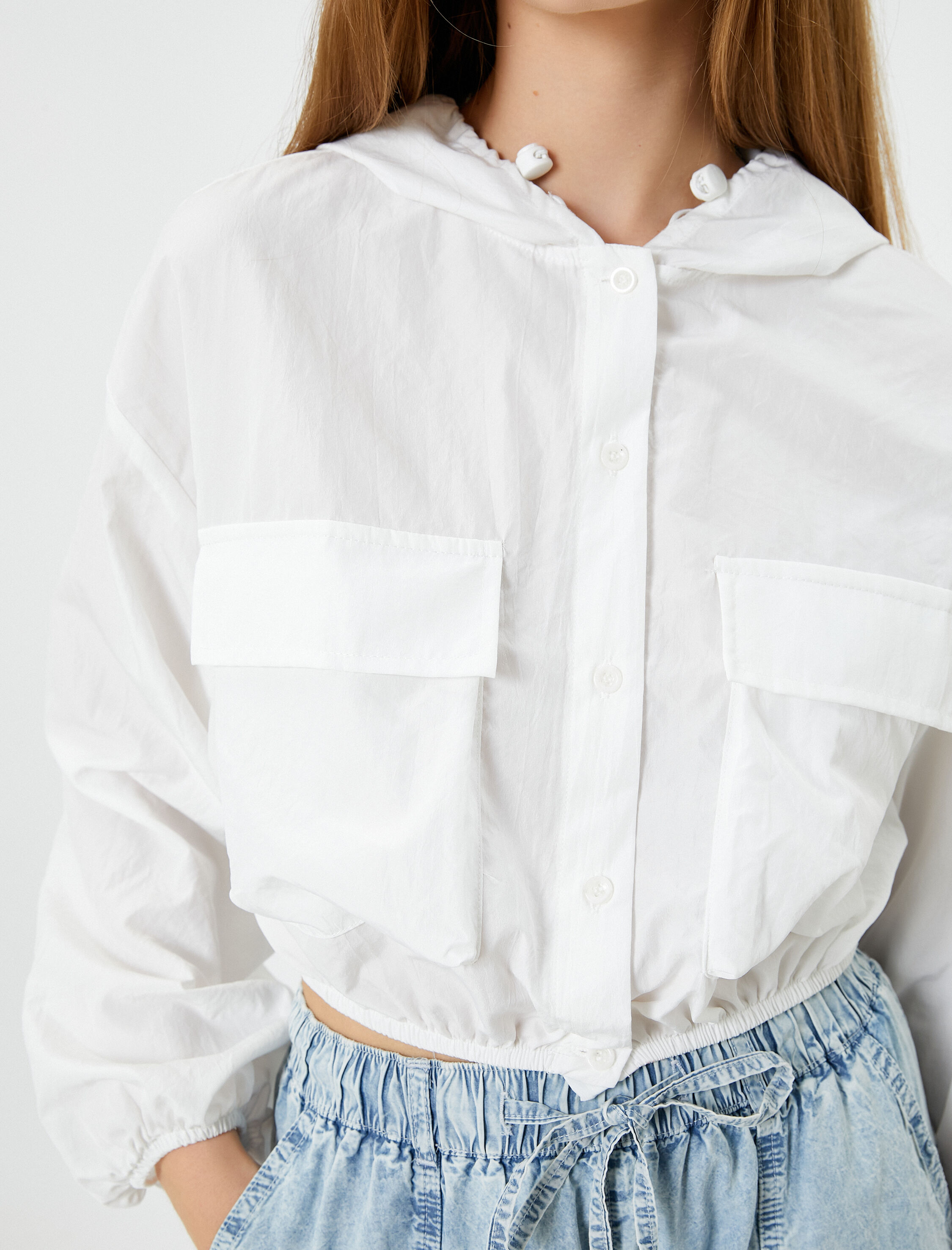   Kapşonlu Crop Paraşüt Gömlek Oversize Uzun Kollu Cepli