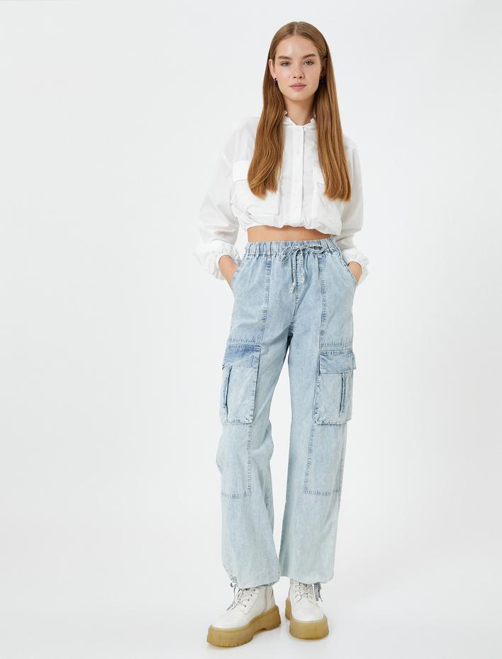  Kapşonlu Crop Paraşüt Gömlek Oversize Uzun Kollu Cepli