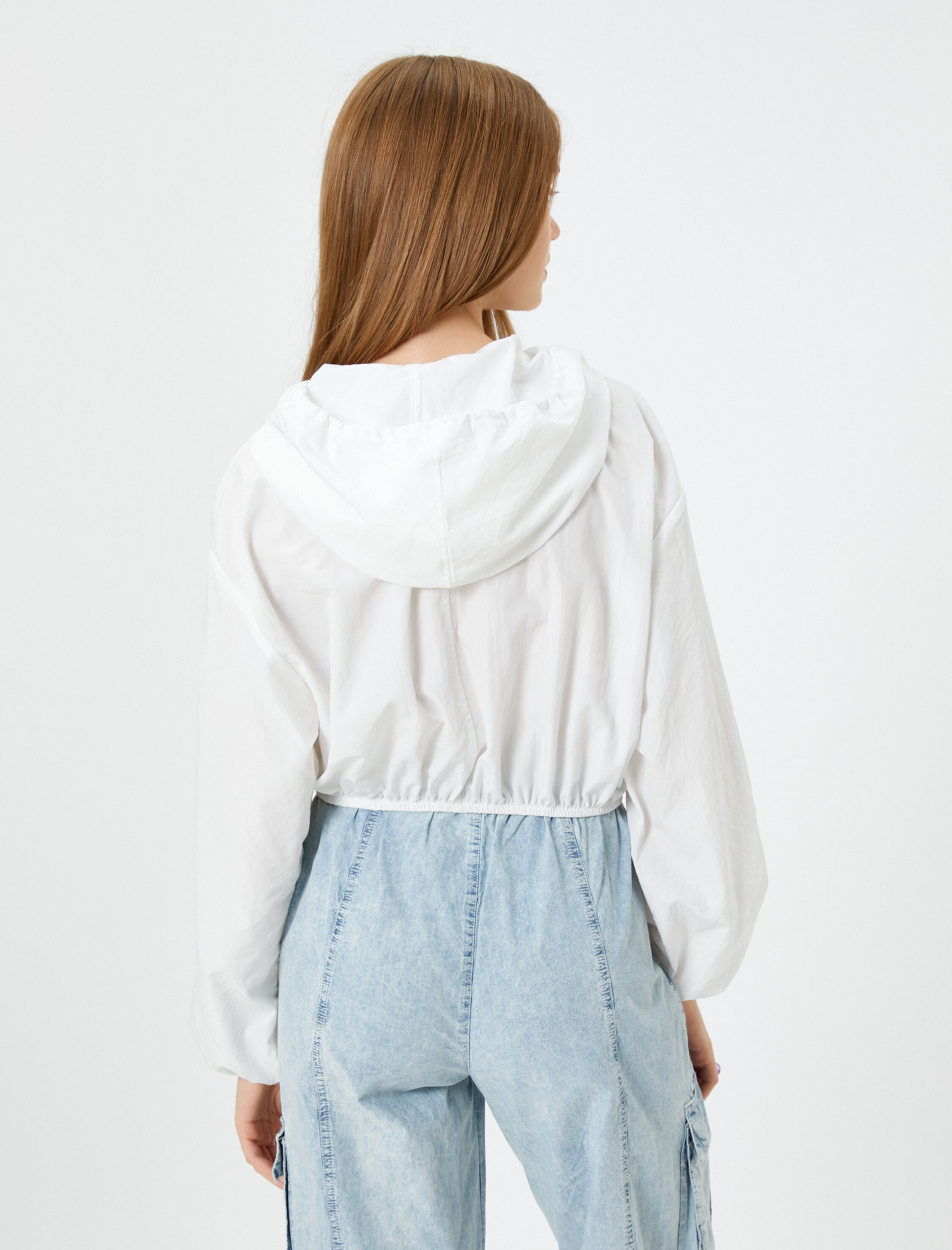   Kapşonlu Crop Paraşüt Gömlek Oversize Uzun Kollu Cepli