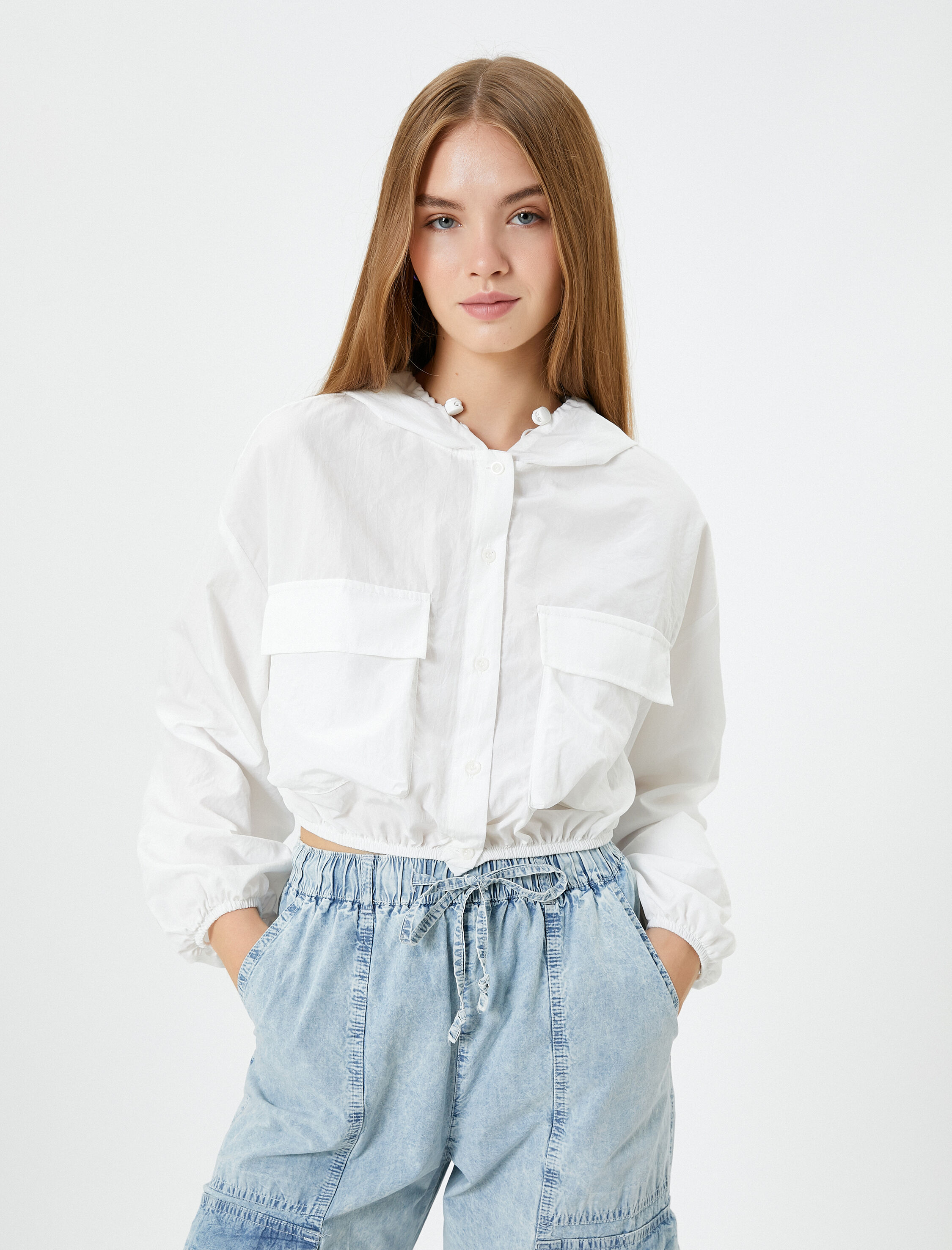   Kapşonlu Crop Paraşüt Gömlek Oversize Uzun Kollu Cepli