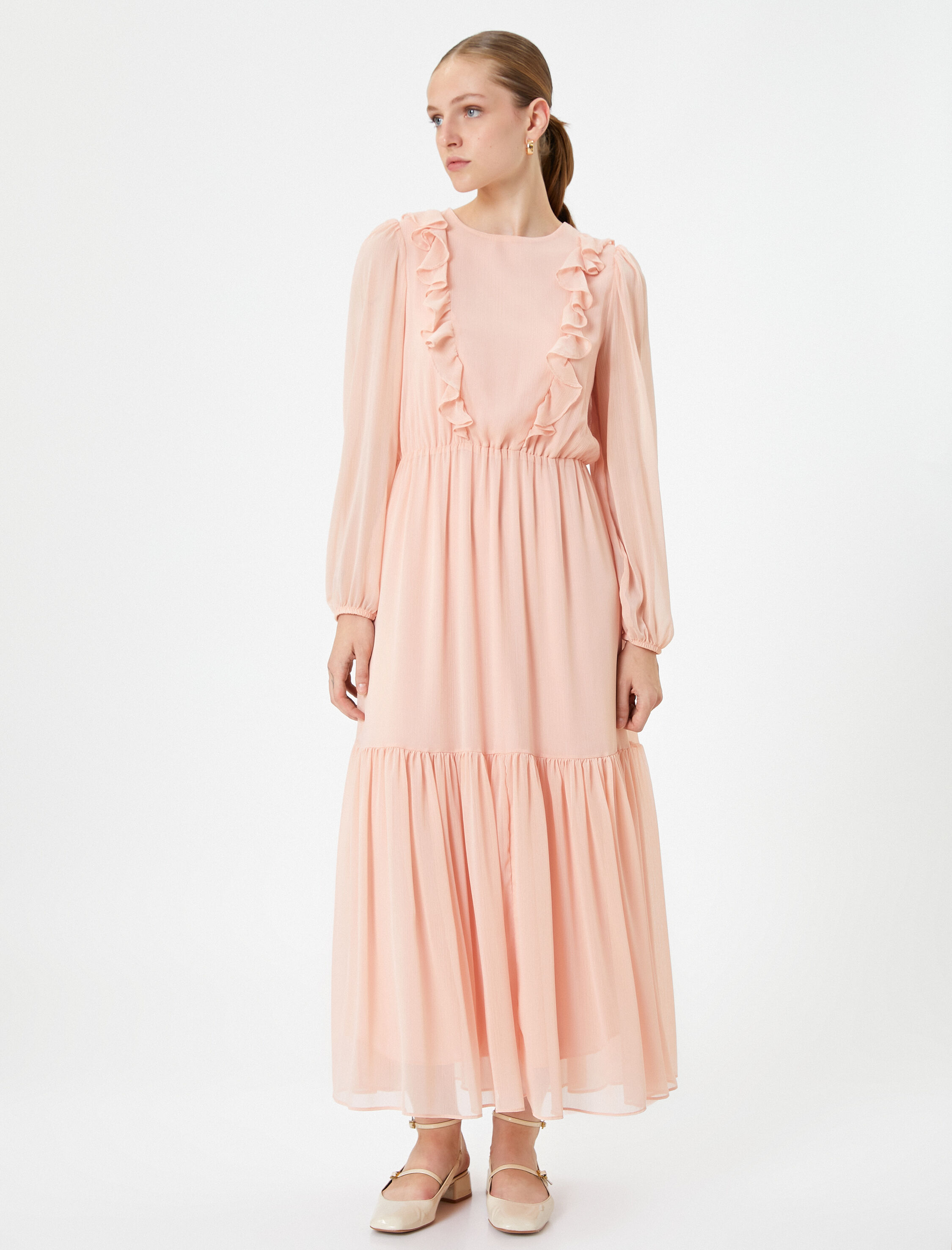   Fırfırlı Şifon Uzun Elbise Balon Kol Bisiklet Yaka