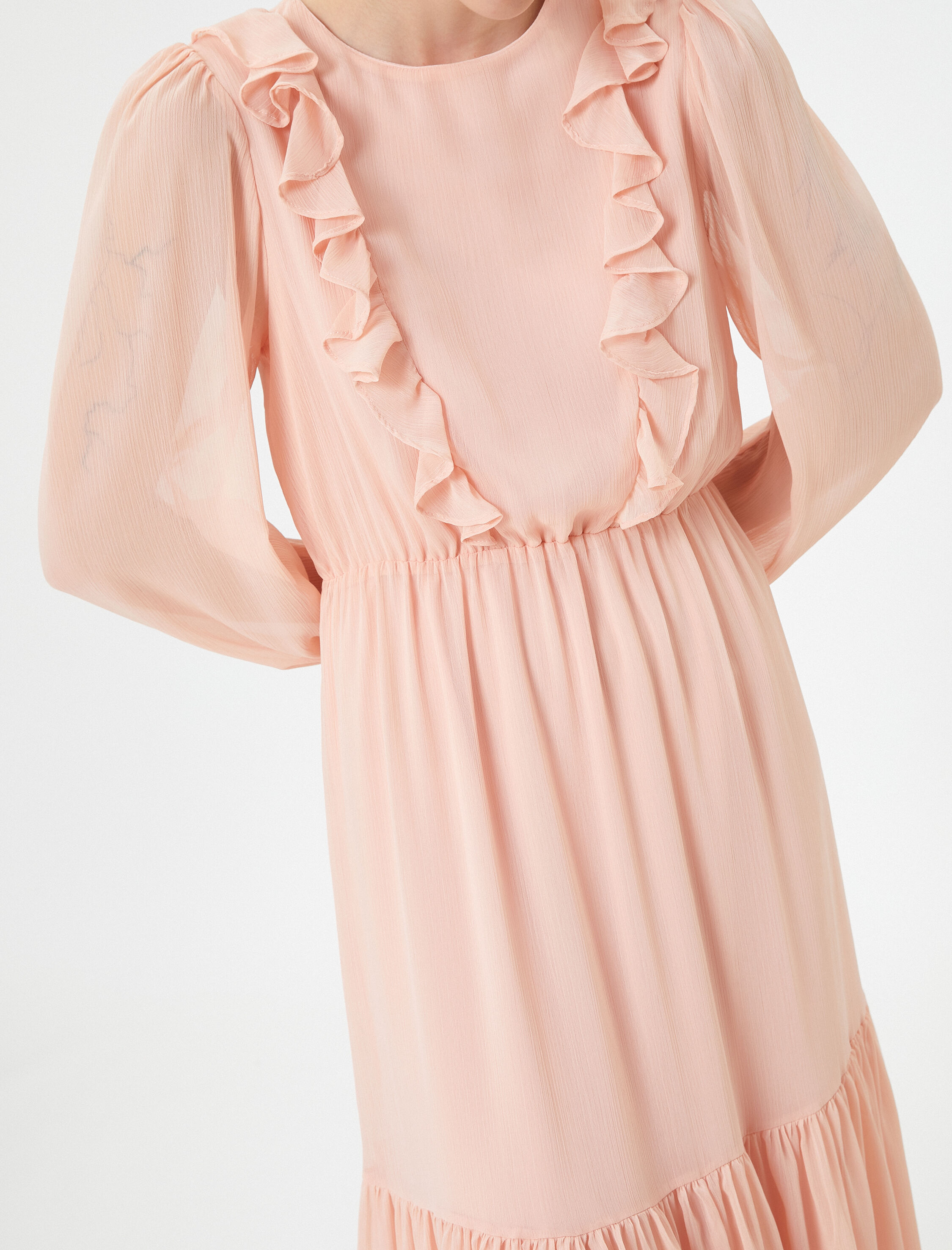   Fırfırlı Şifon Uzun Elbise Balon Kol Bisiklet Yaka