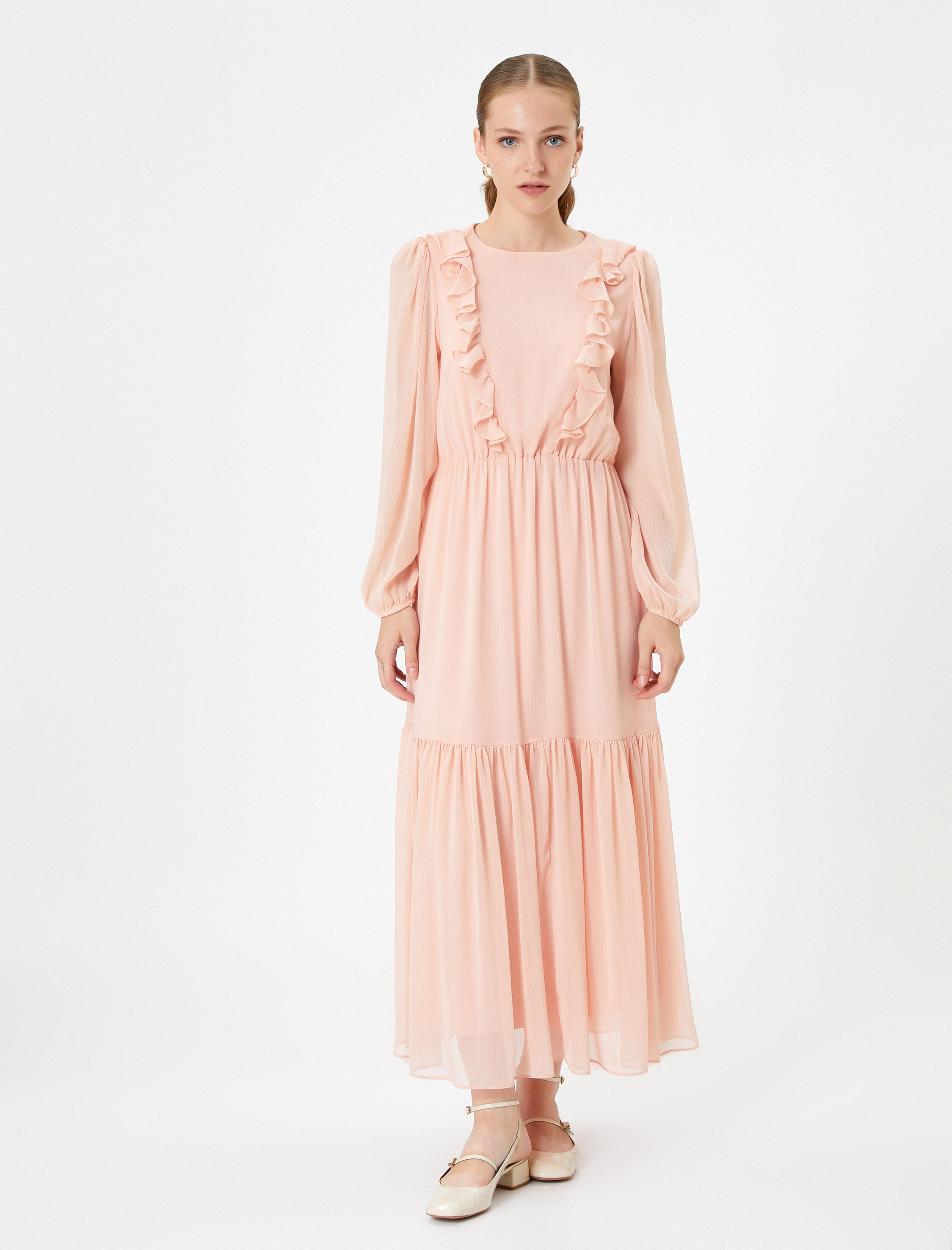   Fırfırlı Şifon Uzun Elbise Balon Kol Bisiklet Yaka