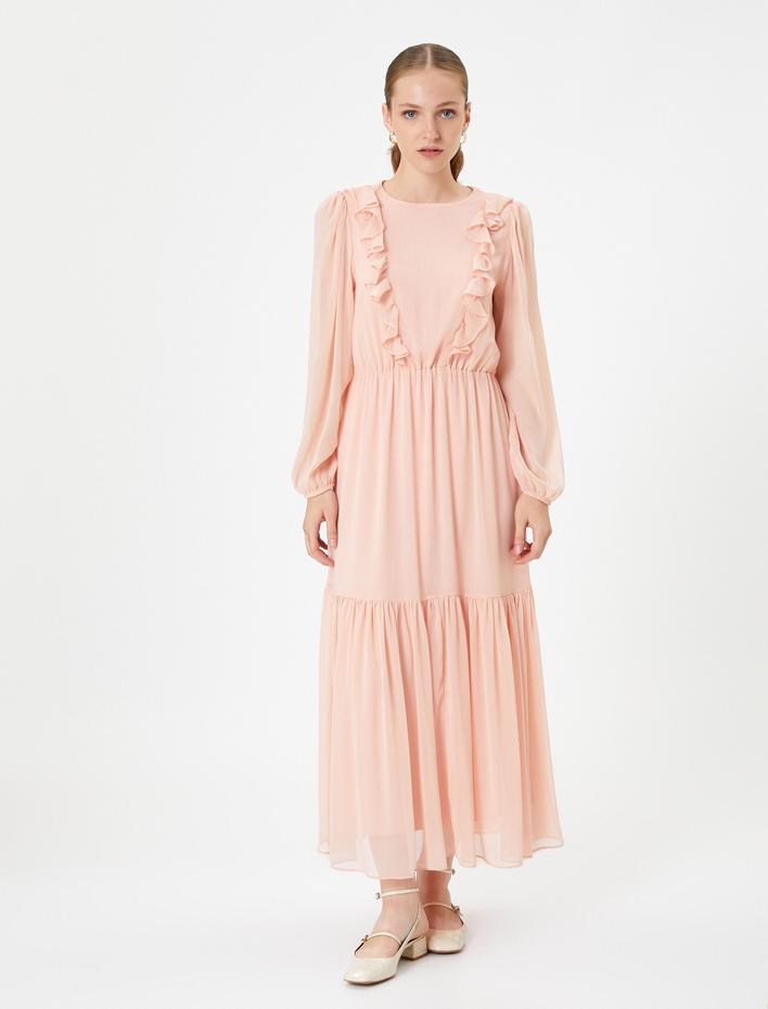  Fırfırlı Şifon Uzun Elbise Balon Kol Bisiklet Yaka