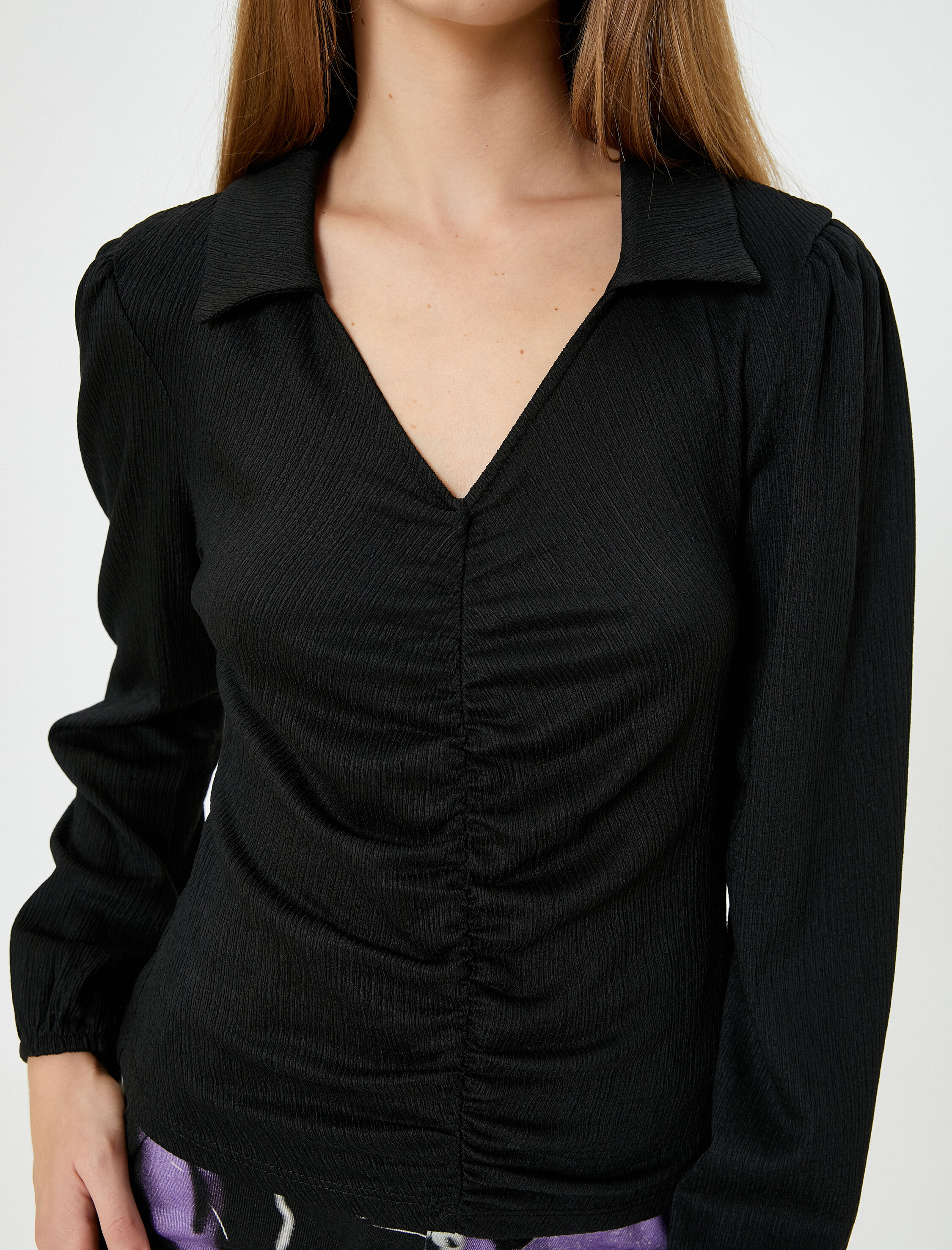   Bluz Drape Detaylı Gömlek Yaka Uzun Kollu Bürümcük