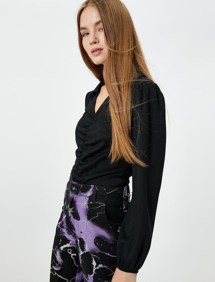  Bluz Drape Detaylı Gömlek Yaka Uzun Kollu Bürümcük