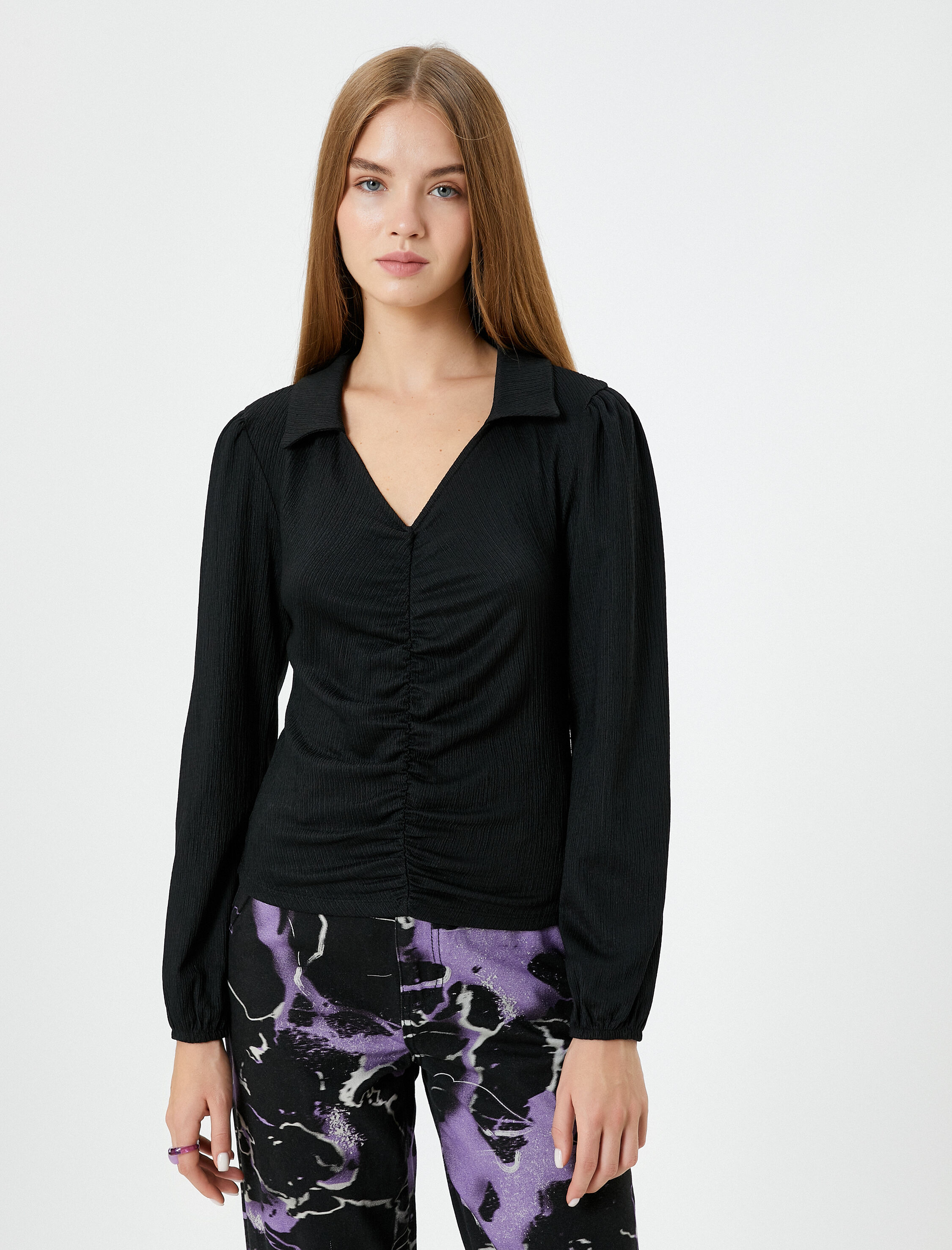   Bluz Drape Detaylı Gömlek Yaka Uzun Kollu Bürümcük