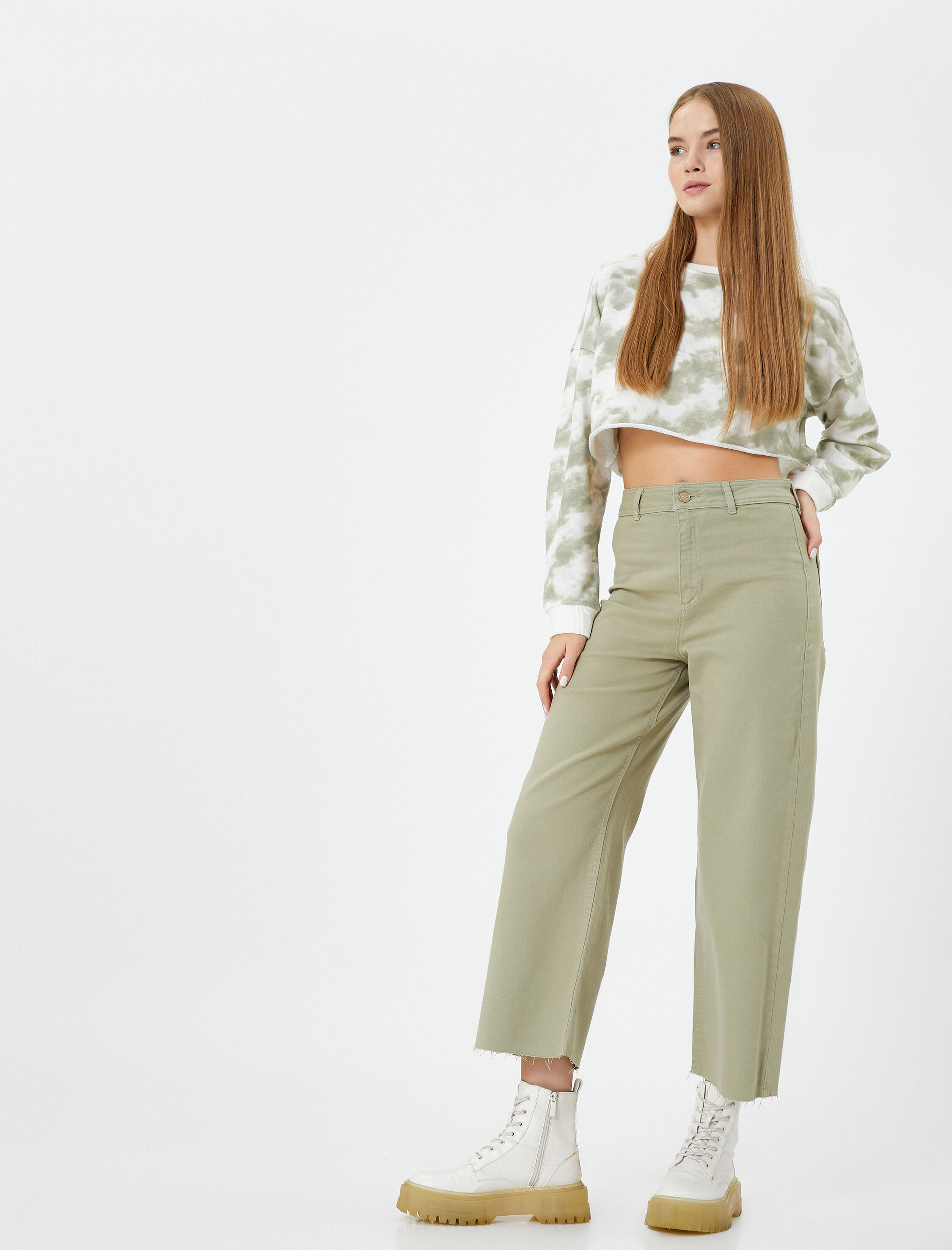   Culotte Pantolon Geniş Crop Paça Yüksek Bel Düğmeli