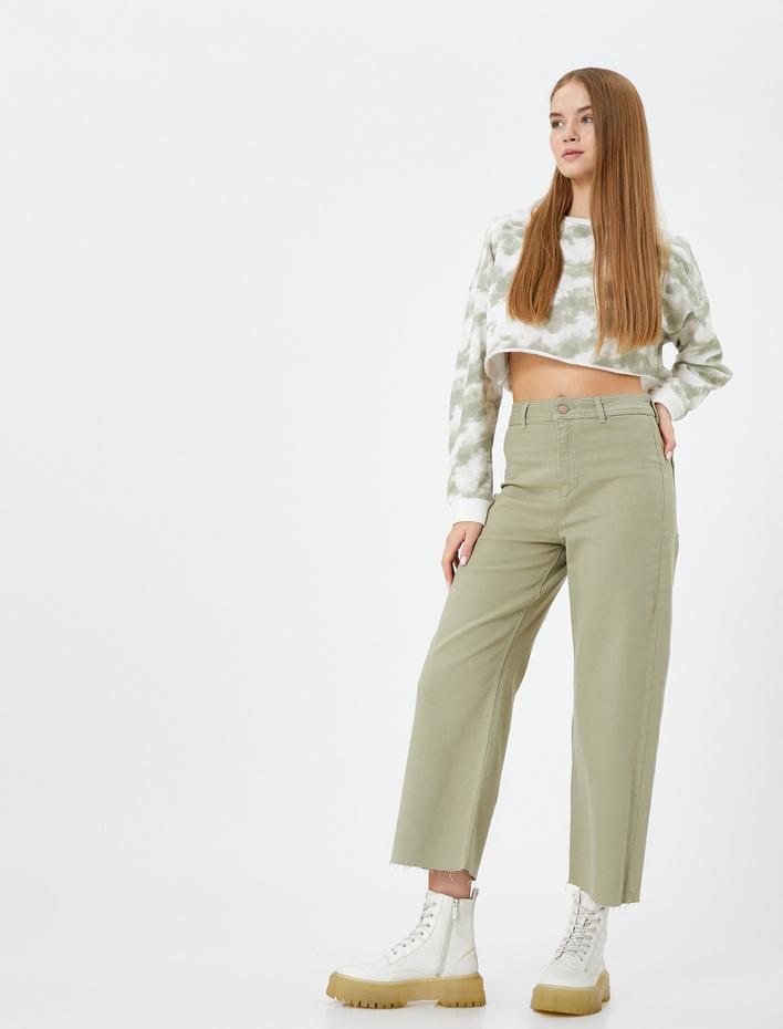  Culotte Pantolon Geniş Crop Paça Yüksek Bel Düğmeli