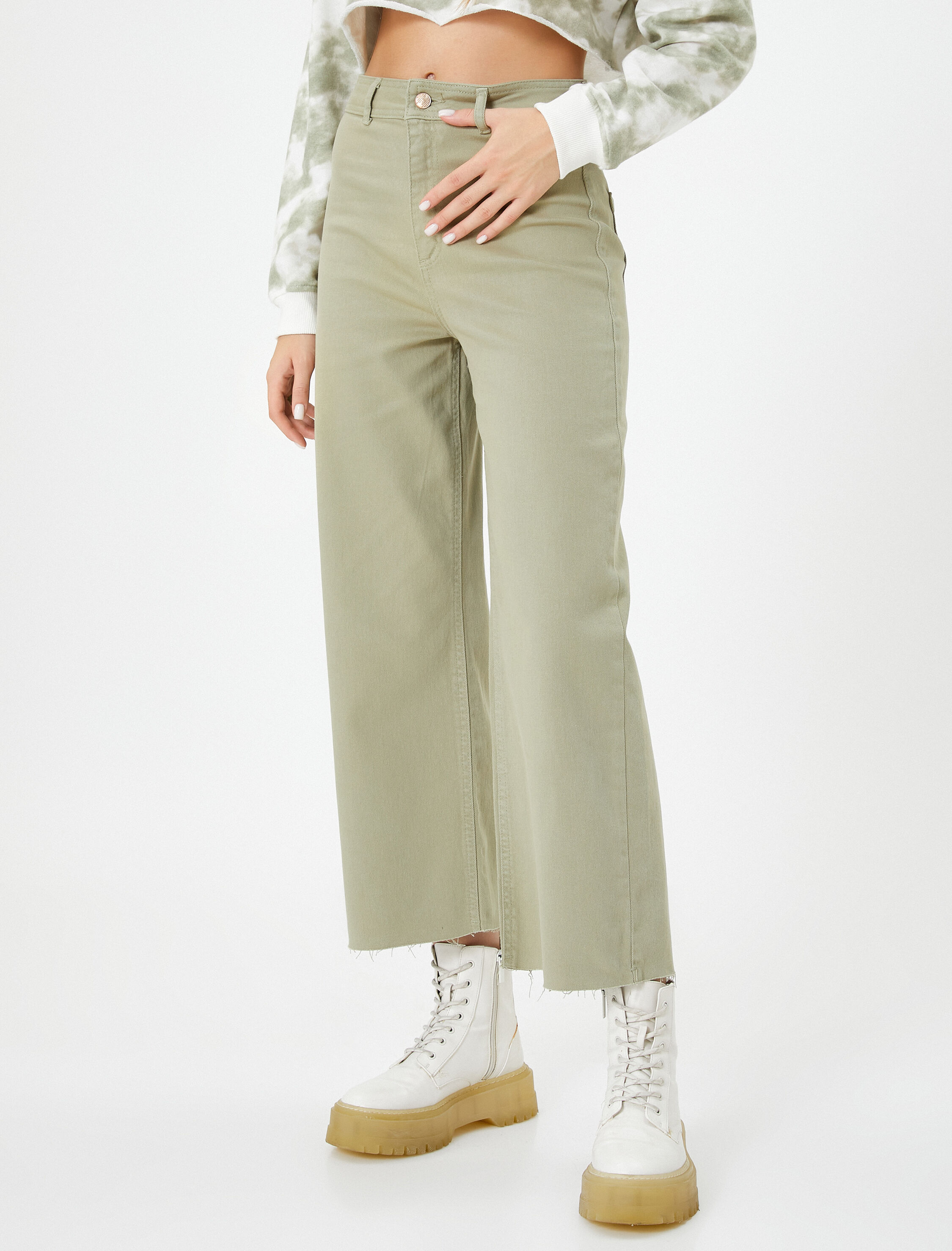   Culotte Pantolon Geniş Crop Paça Yüksek Bel Düğmeli