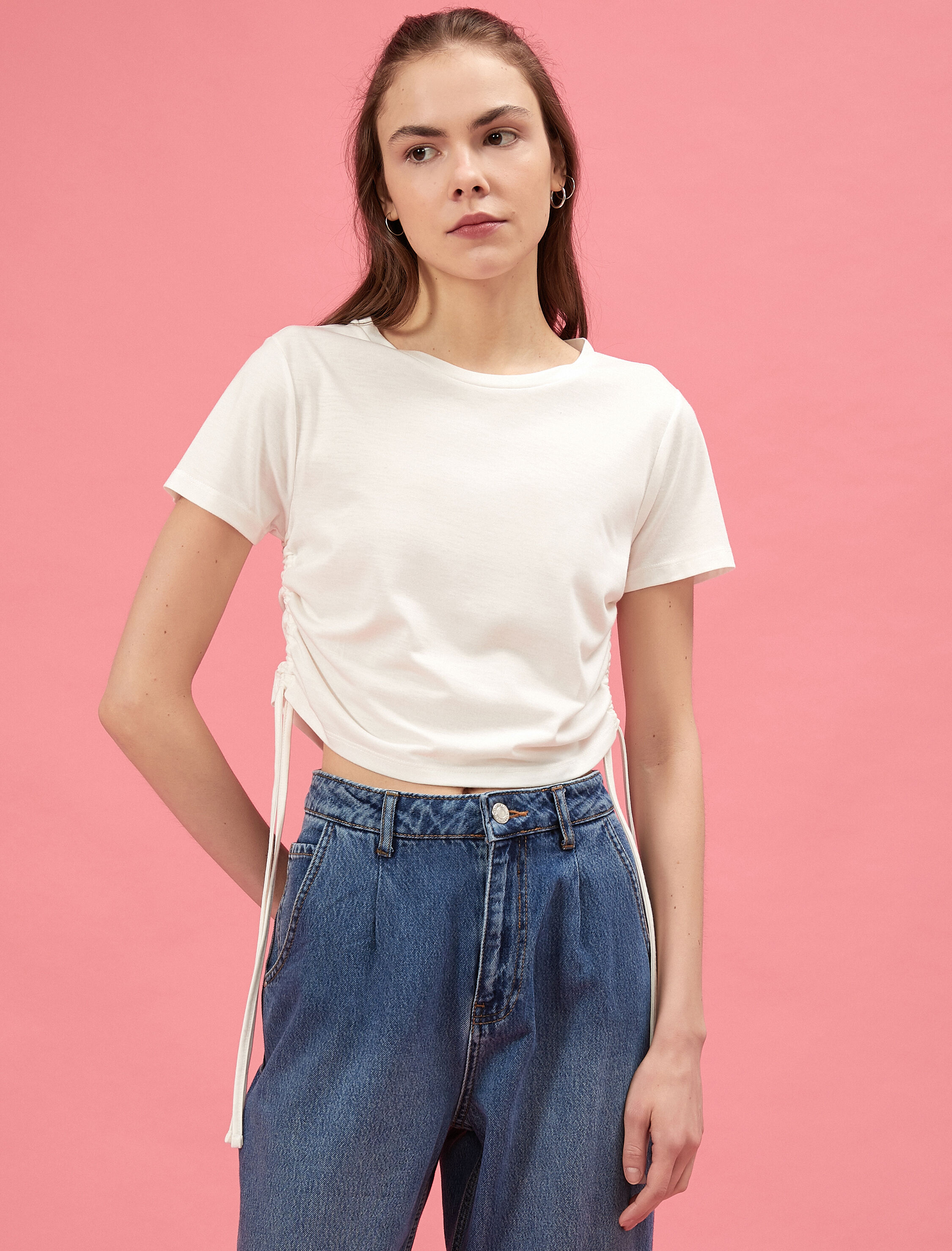   Crop Tişört Bağlamalı Bisiklet Yaka Kısa Kollu