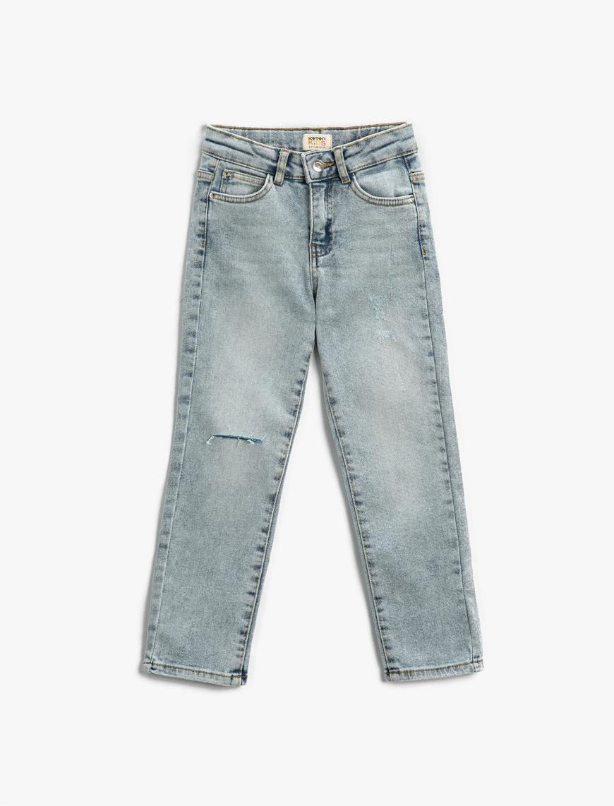  Erkek Çocuk Kot Pantolon Destroylu Cepli Pamuklu - Straight Jean