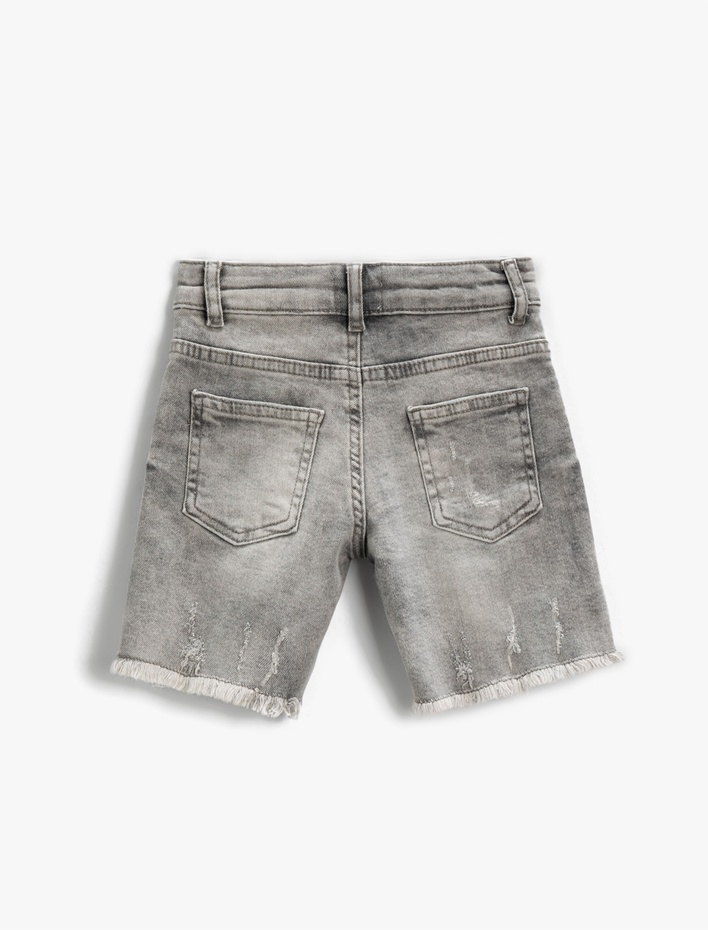 Erkek Çocuk Kot Şort Yırtık Pamuklu Cepli Diz Üstü