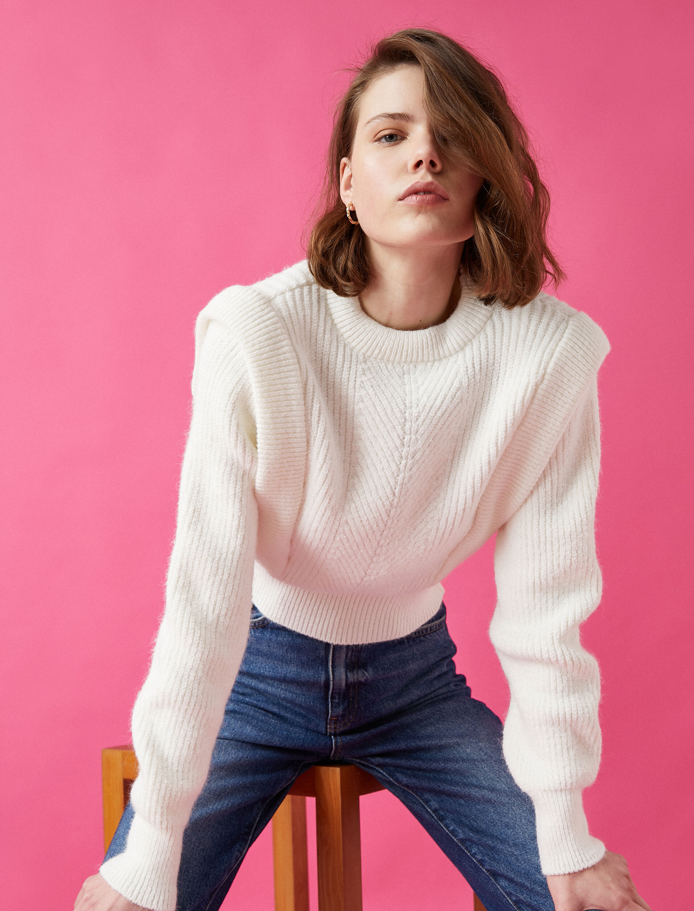   Bisiklet Yaka Vatkalı Oversize Triko Kazak