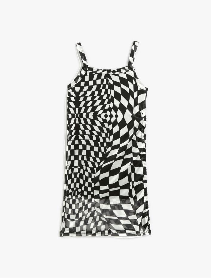 Kız Çocuk Elbise Kareli Askılı Midi Astarlı