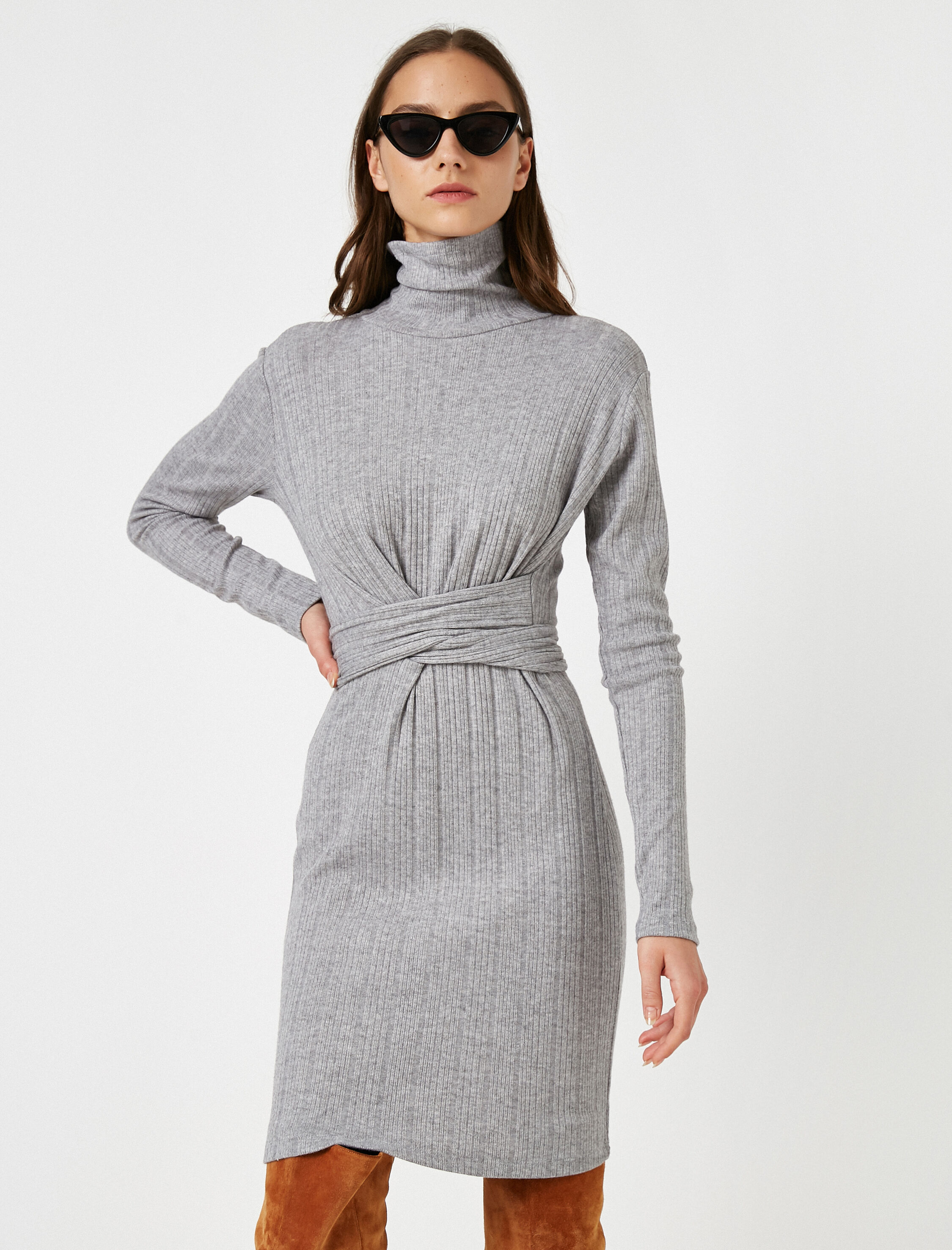   Balıkçı Yaka Uzun Kollu Beli Bağlamalı Kısa Elbise