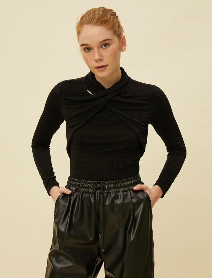  Uzun Kollu Tişört Yaka Detaylı Simli