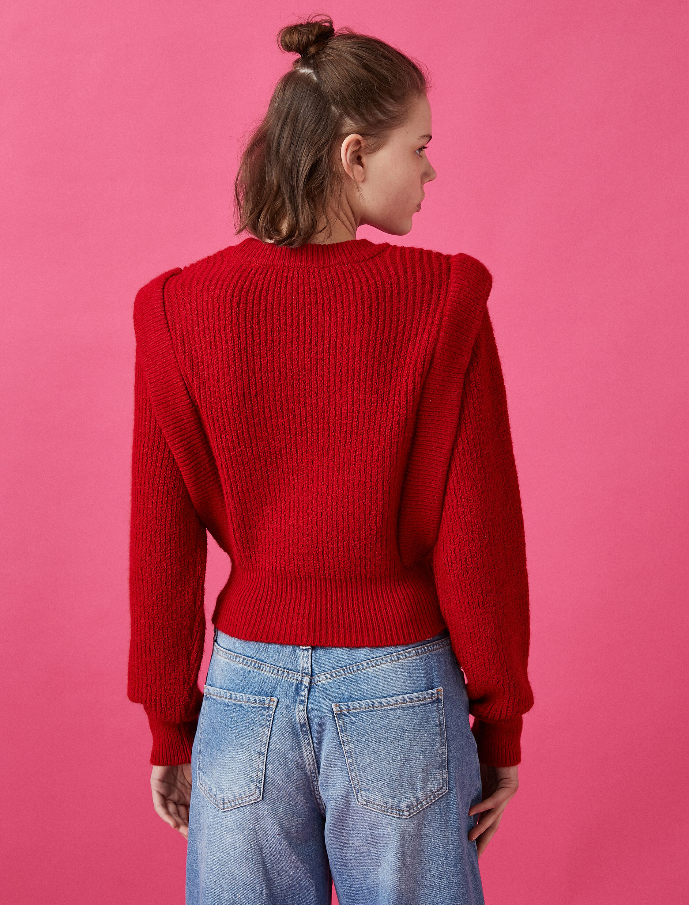   Bisiklet Yaka Vatkalı Oversize Triko Kazak