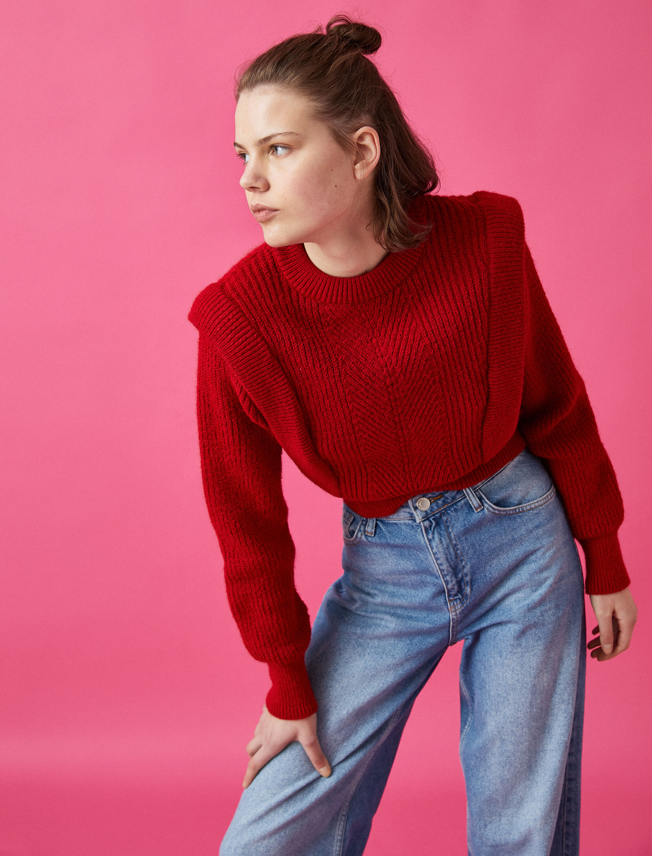   Bisiklet Yaka Vatkalı Oversize Triko Kazak