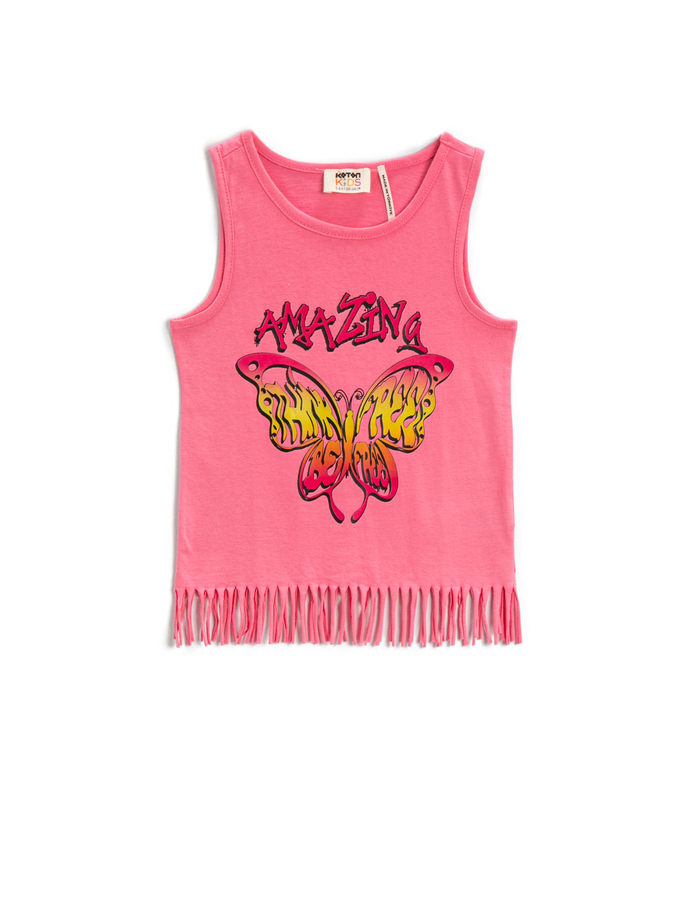  Kız Çocuk Kelebek Baskılı Püsküllü Atlet Bisiklet Yaka Pamuklu