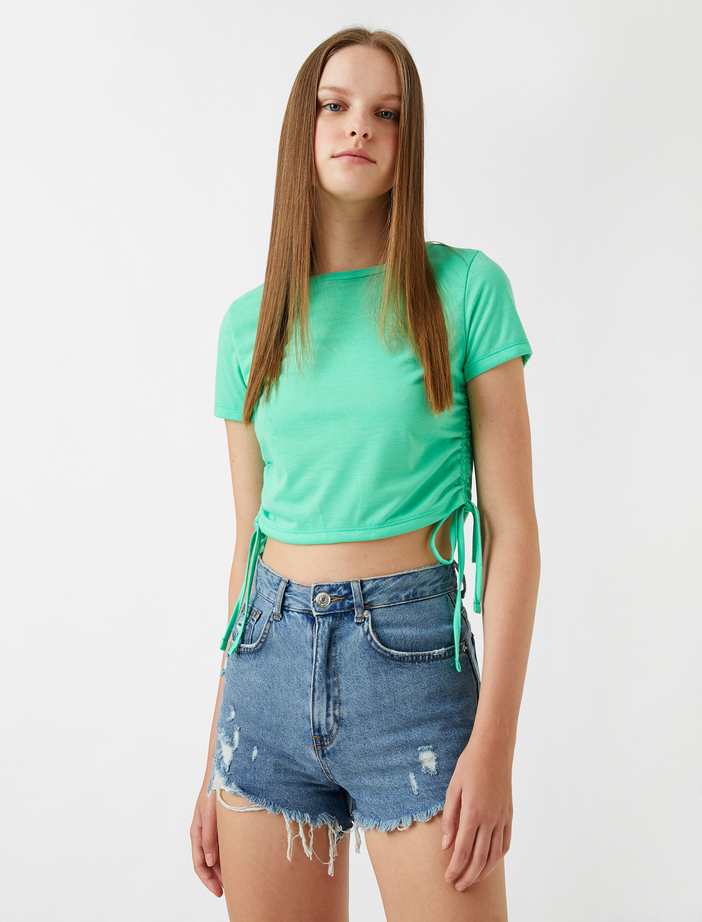   Crop Tişört Bağlamalı Bisiklet Yaka Kısa Kollu