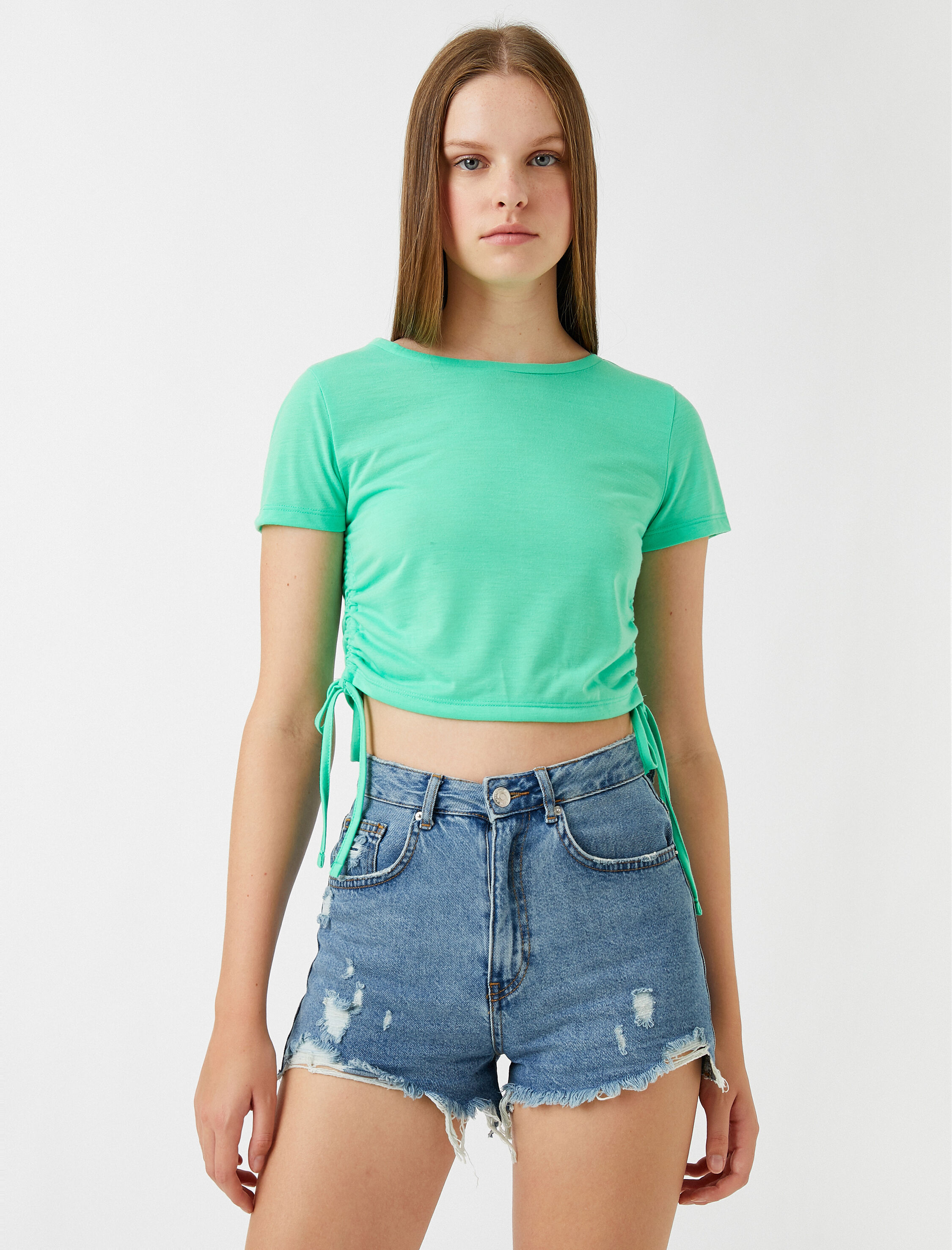   Crop Tişört Bağlamalı Bisiklet Yaka Kısa Kollu