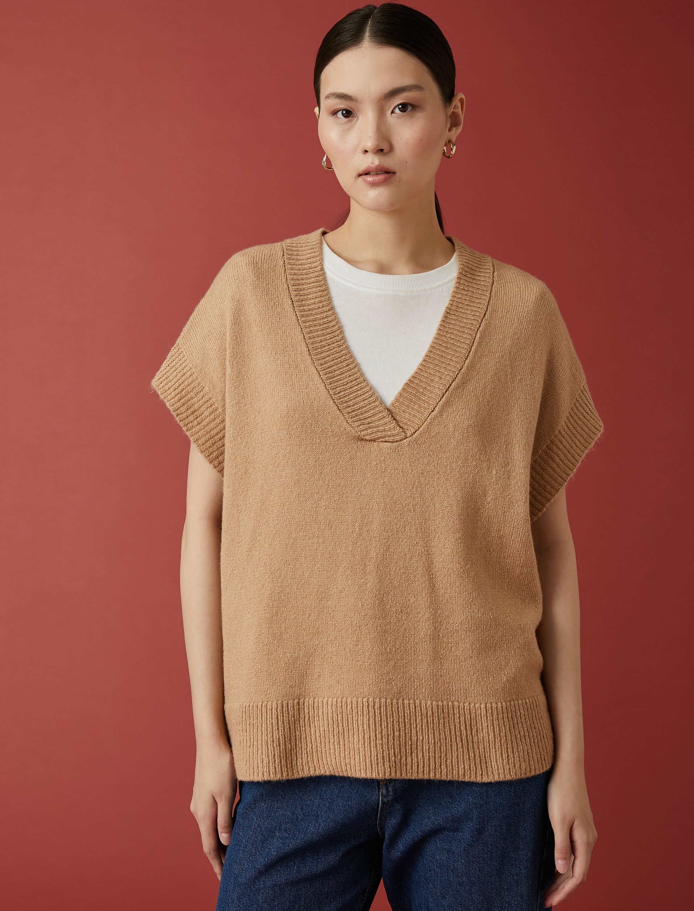 Oversize Süveter V Yaka Kısa Kollu