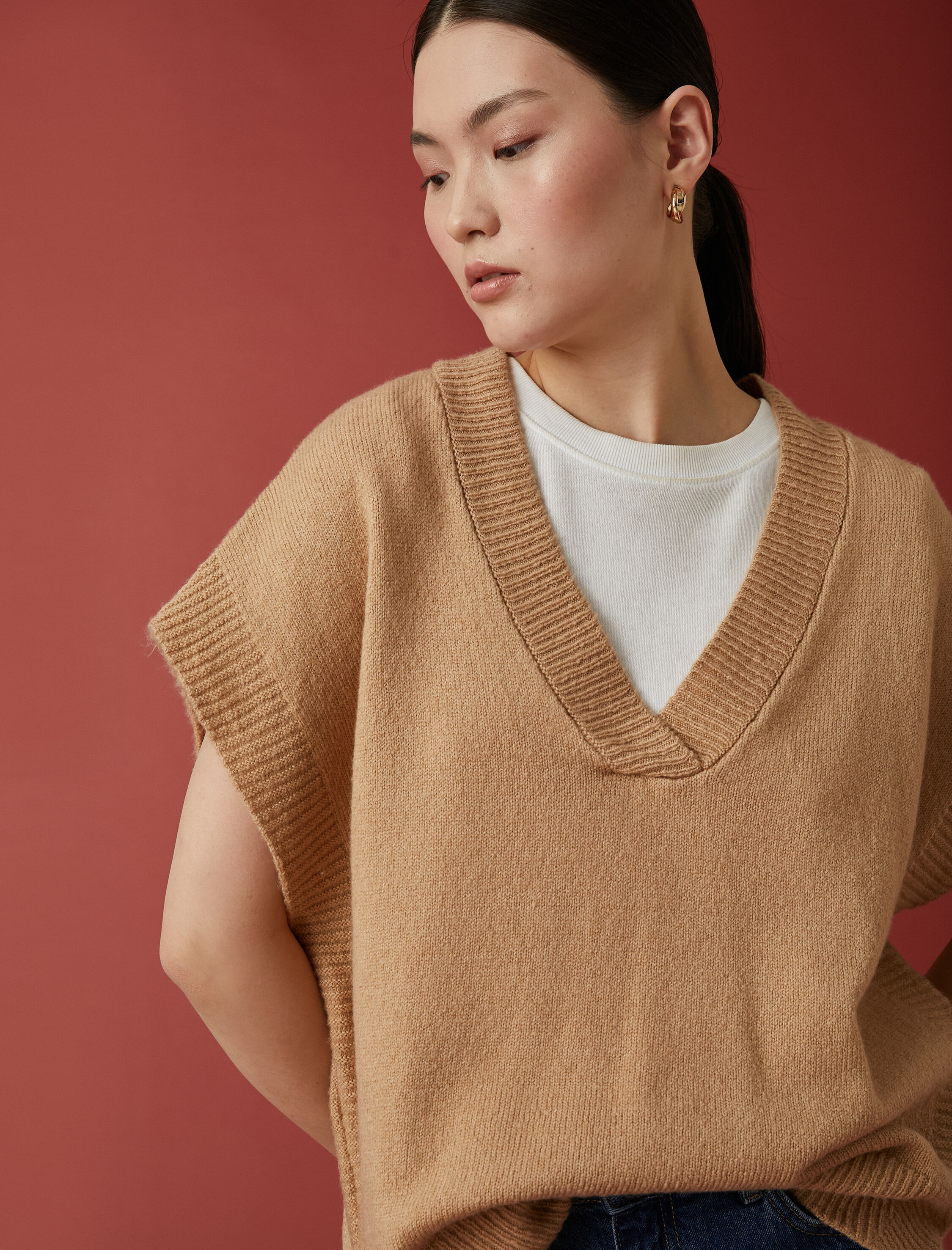 Oversize Süveter V Yaka Kısa Kollu