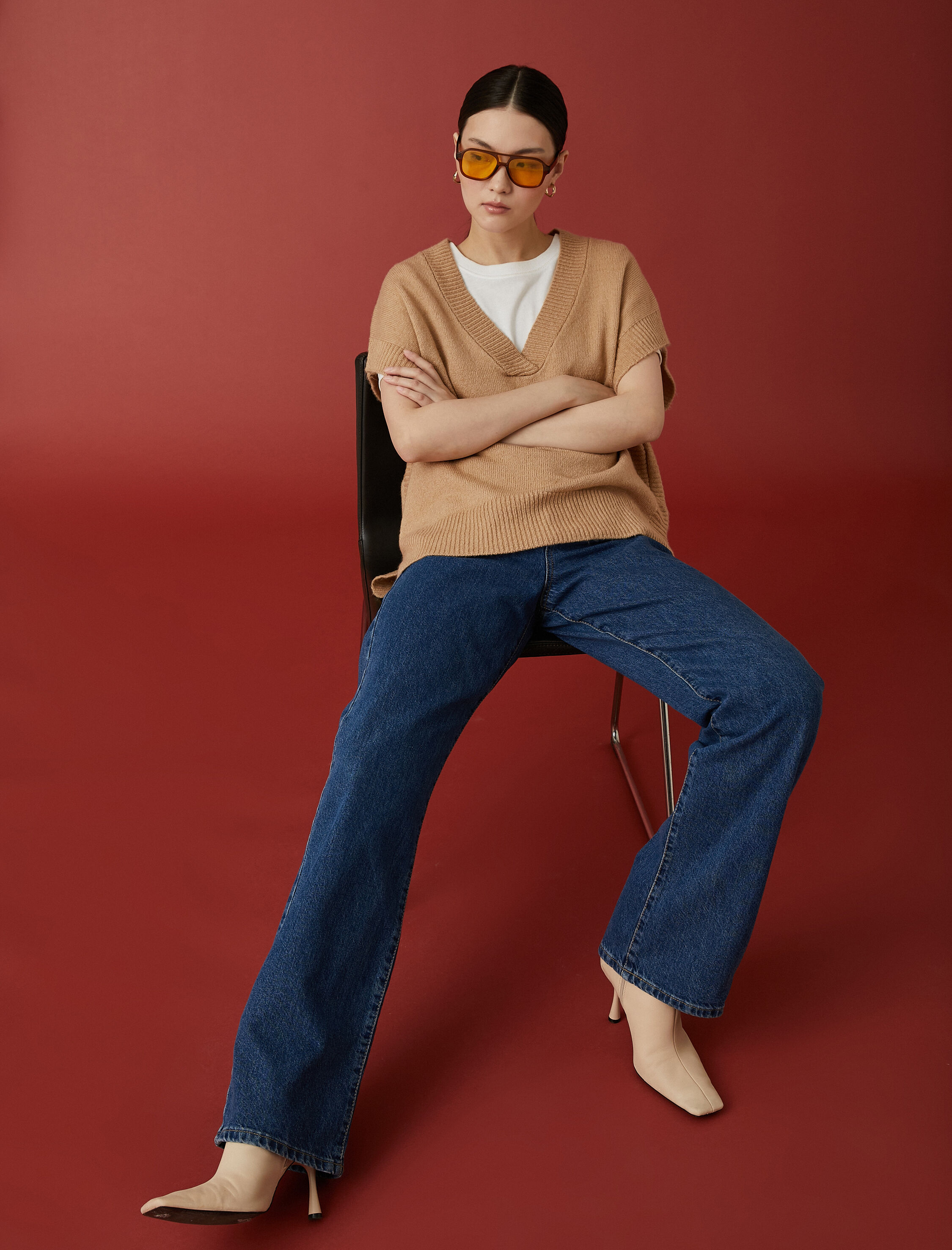 Oversize Süveter V Yaka Kısa Kollu