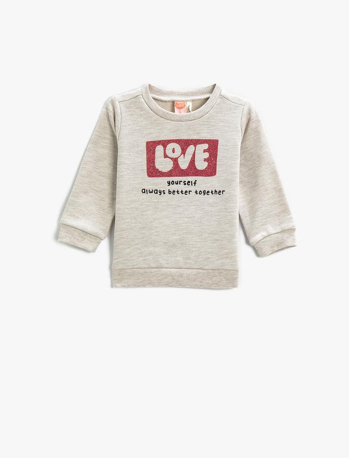 Kız Bebek Love Baskılı Sweatshirt Parıltılı Bisiklet Yaka Uzun Kollu