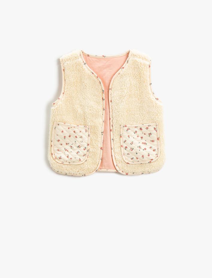 Kız Bebek Peluş Yelek Çiçekli Cepli