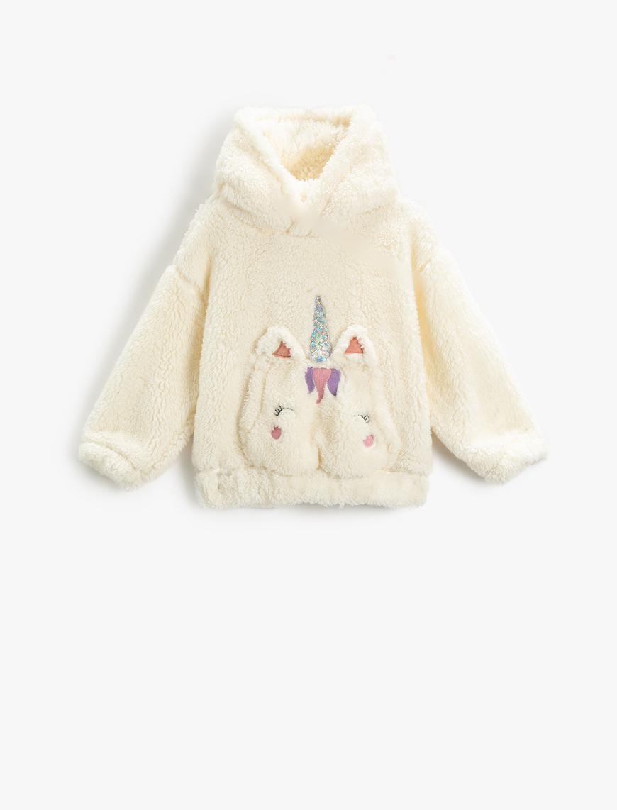  Kız Bebek Peluş Kapüşonlu Sweatshirt Unicorn Aplike Detaylı