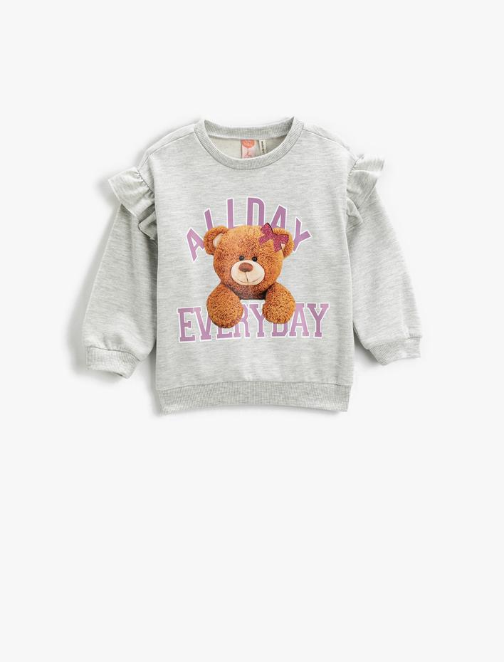 Kız Bebek Ayıcık Baskılı Fırfırlı Sweatshirt Uzun Kollu Bisiklet Yaka