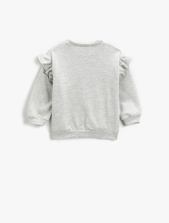 Kız Bebek Ayıcık Baskılı Fırfırlı Sweatshirt Uzun Kollu Bisiklet Yaka