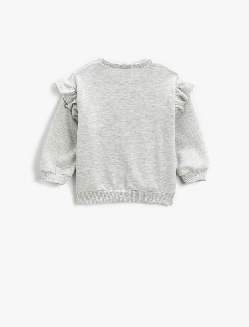  Kız Bebek Ayıcık Baskılı Fırfırlı Sweatshirt Uzun Kollu Bisiklet Yaka