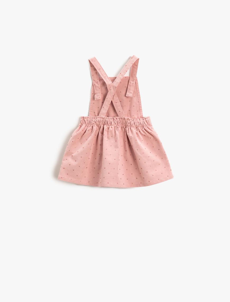  Kız Bebek Salopet Elbise Fitilli Kadife Cep Detaylı Beli Lastikli Yıldız İşlemeli