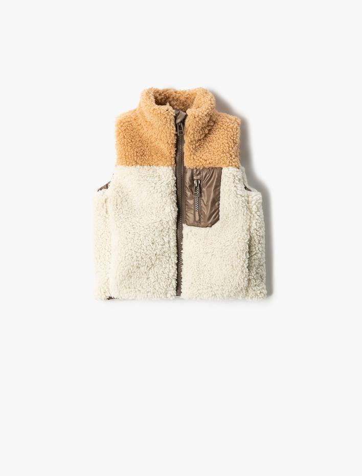 Erkek Bebek Peluş Yelek Fermuarlı Dik Yaka Cep Detaylı