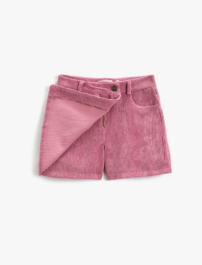 Kız Çocuk Mini Şort Etek Fitilli Kadife Kruvaze Cepli