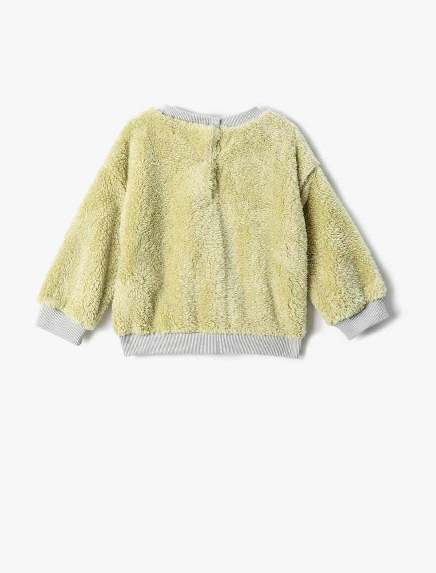  Erkek Bebek Peluş Sweatshirt Ayıcık Aplike Detaylı İşlemeli Uzun Kollu