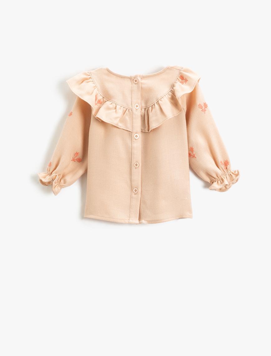  Kız Bebek Fırfırlı Yuvarlak Yaka Bluz Çiçek İşlemeli Uzun Kollu Manşetleri Lastikli
