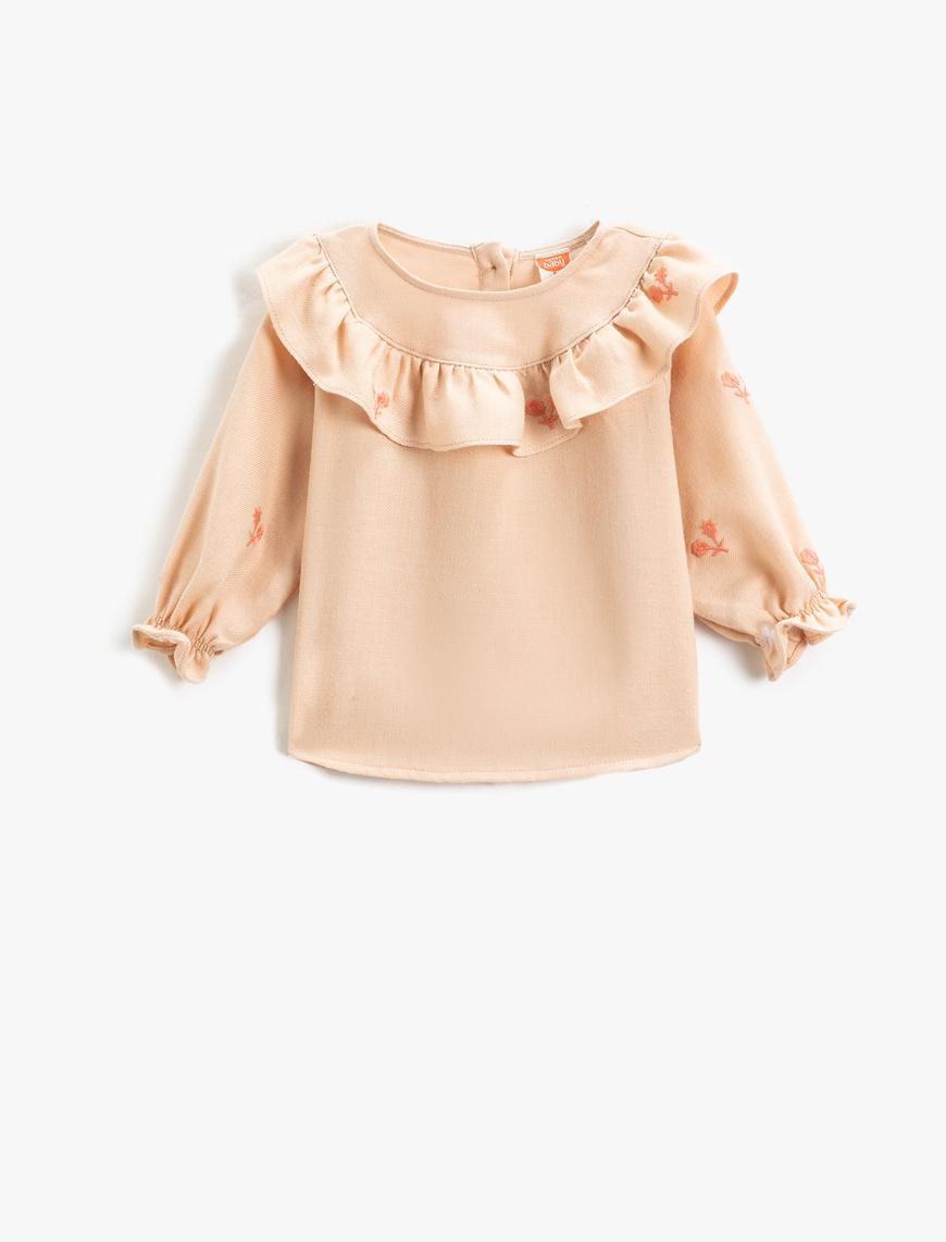  Kız Bebek Fırfırlı Yuvarlak Yaka Bluz Çiçek İşlemeli Uzun Kollu Manşetleri Lastikli