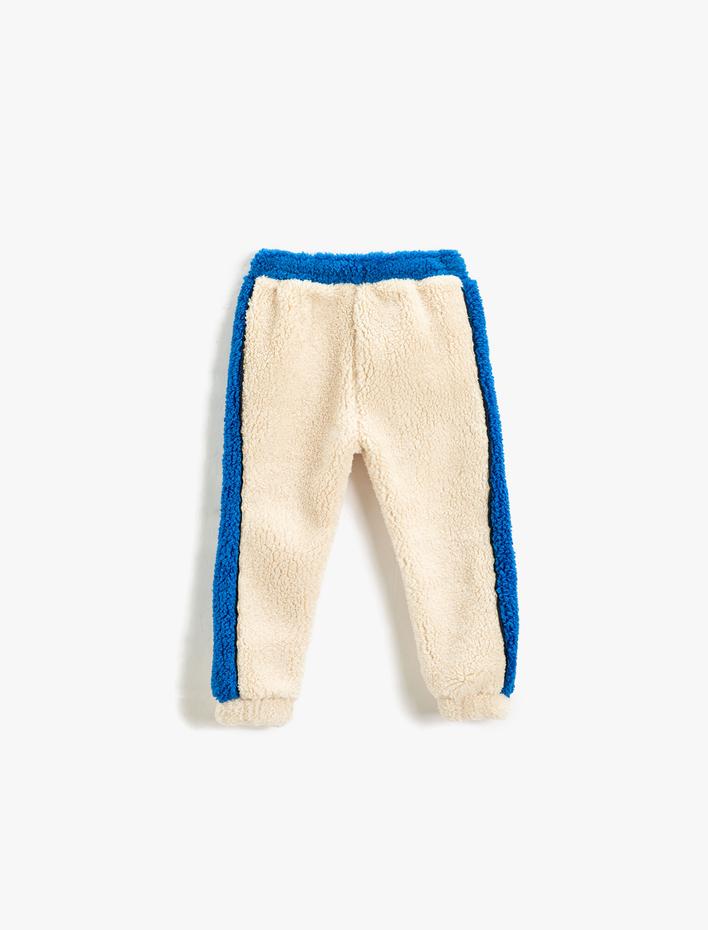 Erkek Bebek Peluş Eşofman Altı Renk Kontrastlı Beli Bağlamalı Fileto Cepli