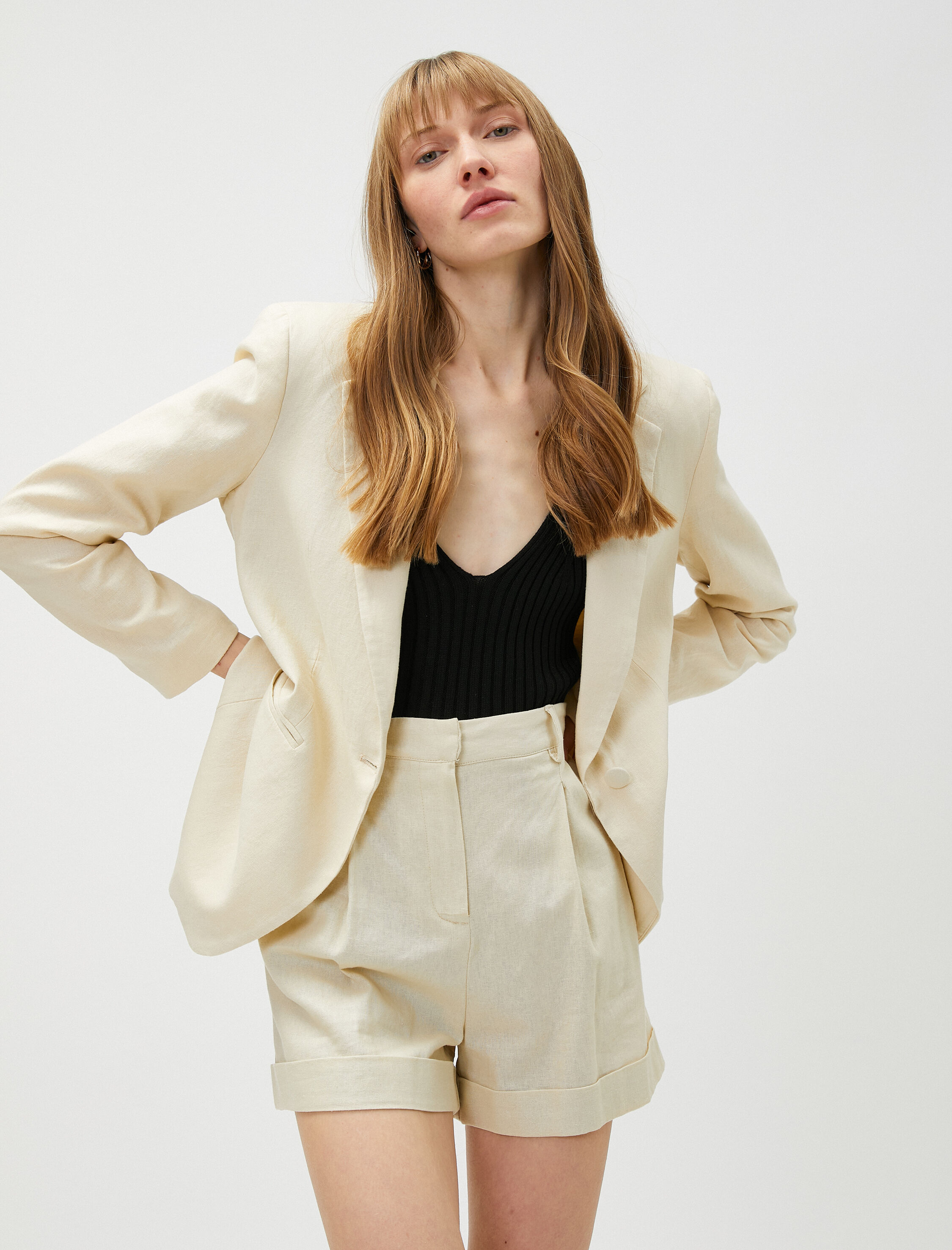   Keten Blazer Ceket Tek Düğmeli