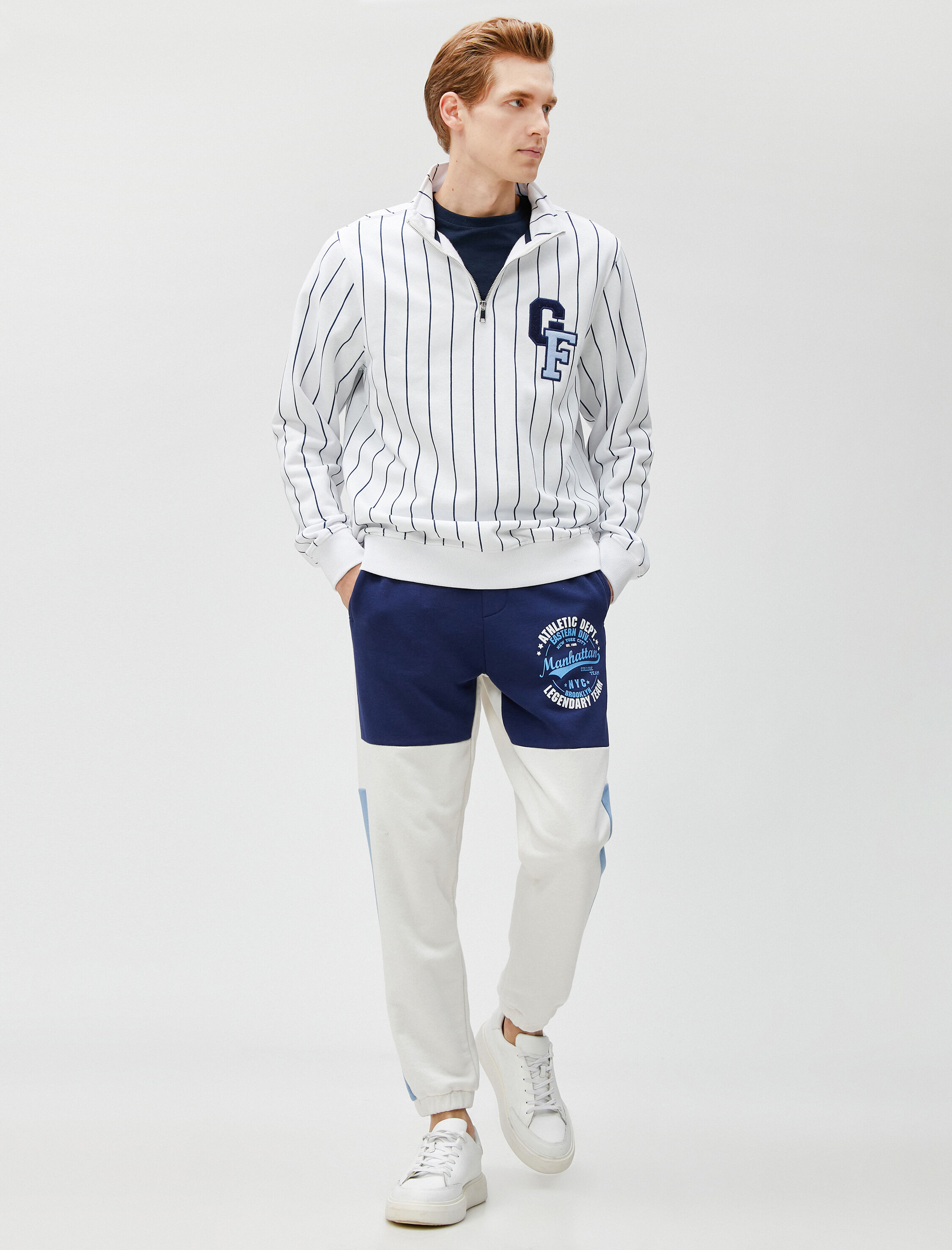 Kolej Sweatshirt Dik Yaka İşlemeli Yarım Fermuarlı Şardonlu