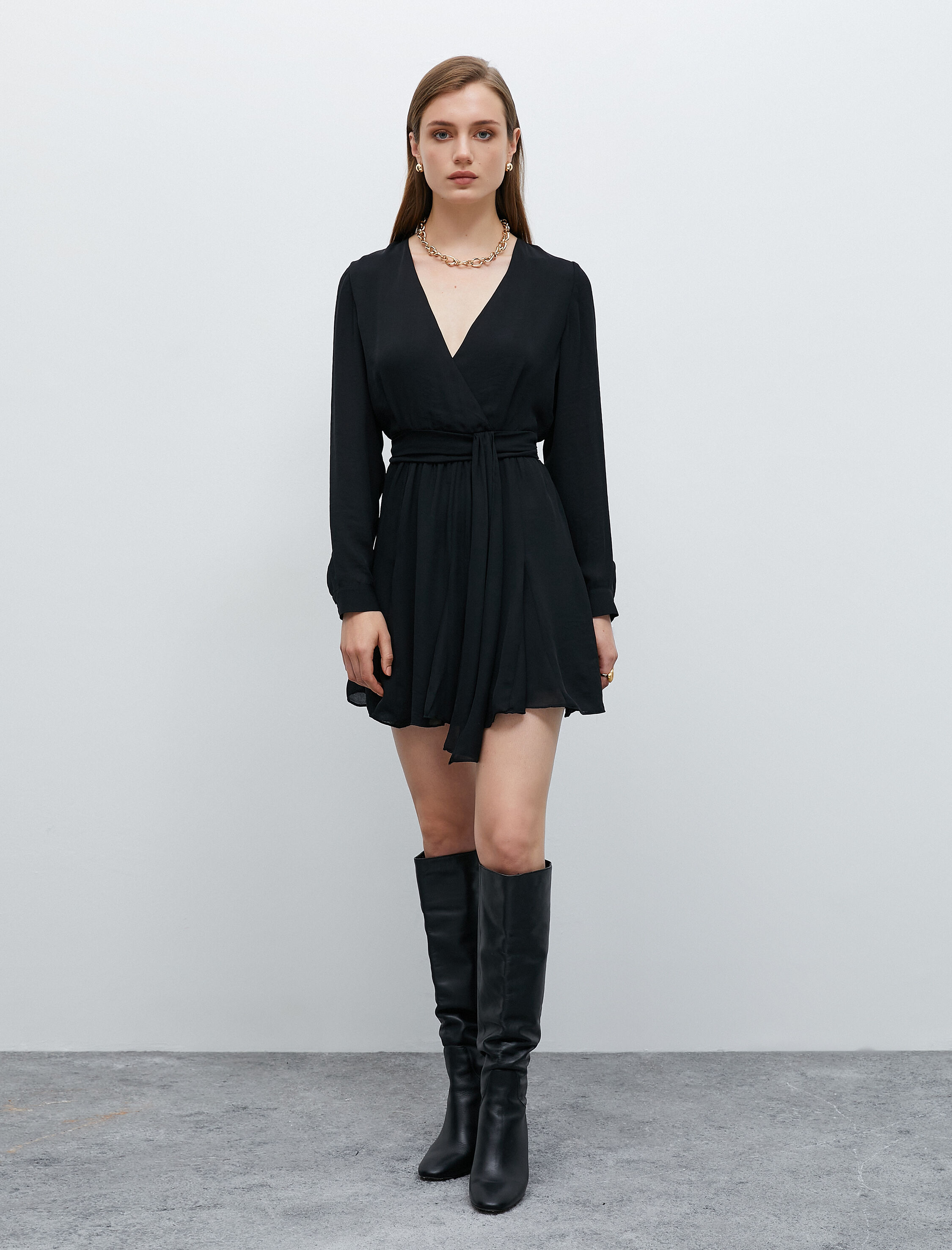 Mini Kruvaze Elbise Dökümlü Kemerli