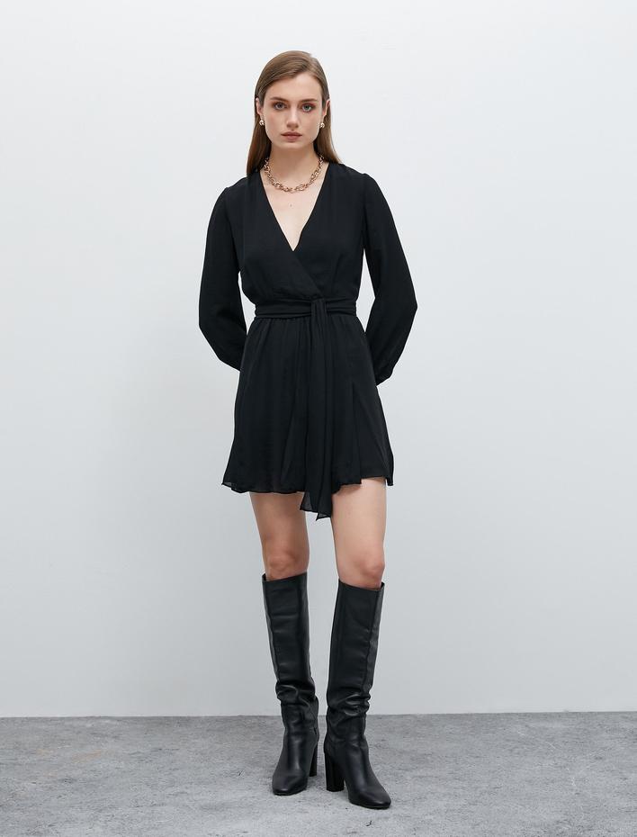  Mini Kruvaze Elbise Dökümlü Kemerli