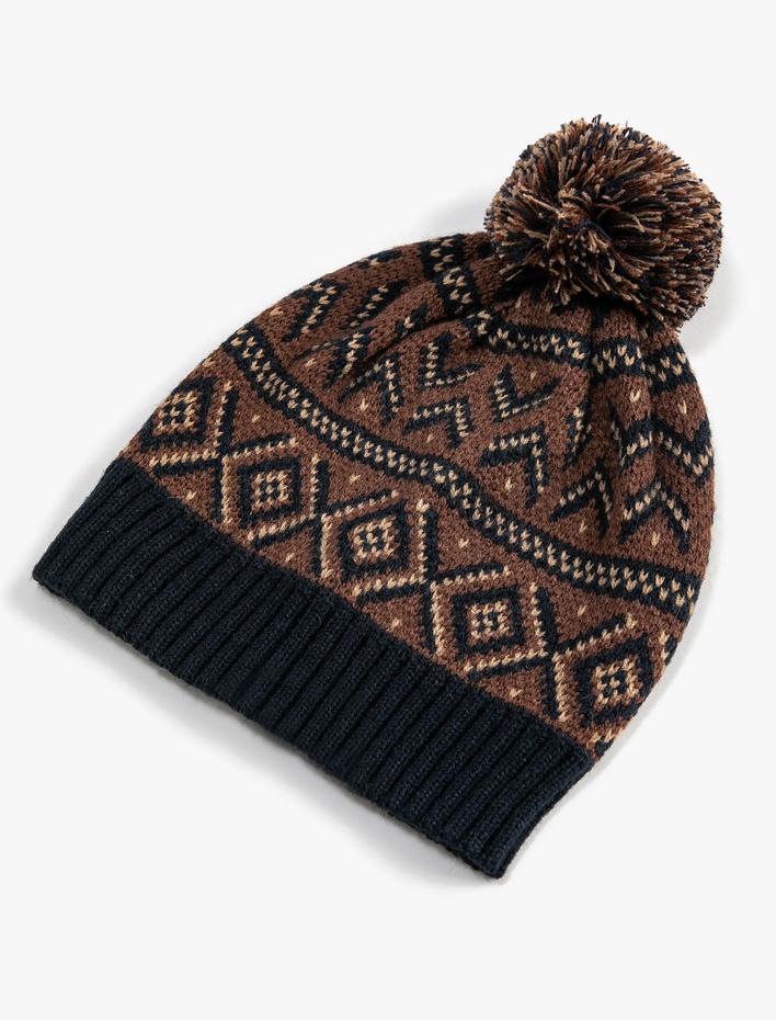 Erkek Örgü Bere Etnik Desenli Ponpon Detaylı