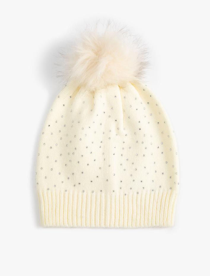 Kadın Triko Bere Peluş Ponponlu Boncuk İşlemeli